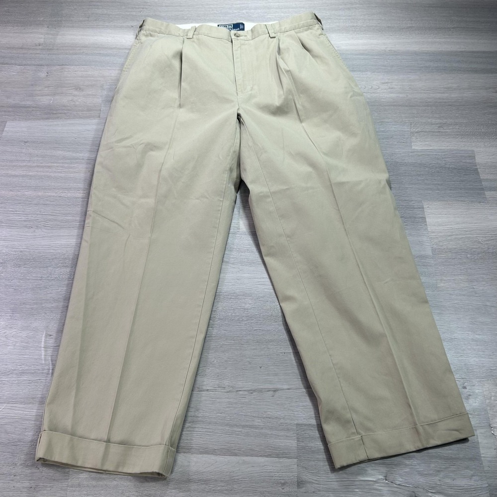 Polo Ralph Lauren Pants Mens 34x29 Beige Cotton Pleated Chino Classic Fit Cuffed